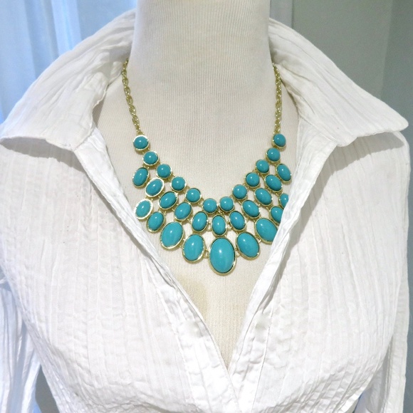 Bib Necklace Statement Piece, Glass Turquoise Cabs - Picture 2 of 7